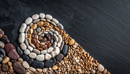 Monochrome flat lay of stone pebbles arranged into surreal spiral composition for branding and packaging