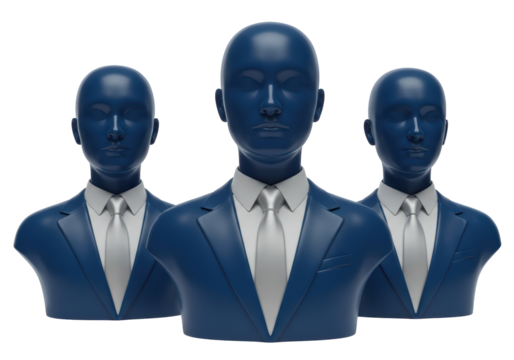 Isolated figurines of a blue business team wearing suits and ties stand together facing forward
