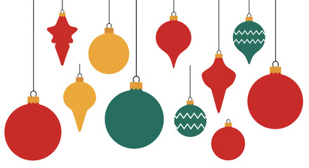 Festive hanging christmas ornaments set in vibrant colors for holiday decor