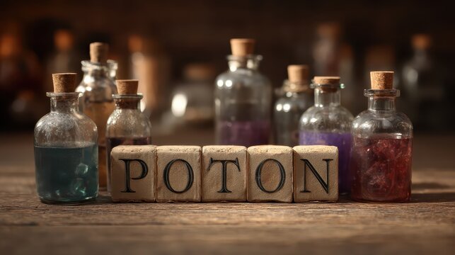 A Collection of Colorful Glass Bottles Filled with Magic Potions Surrounded by Wooden Blocks Spelling the Word 'POTON' on a Tabletop