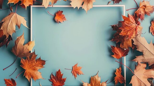 A decorative picture frame surrounded by colorful autumn leaves on a blue background