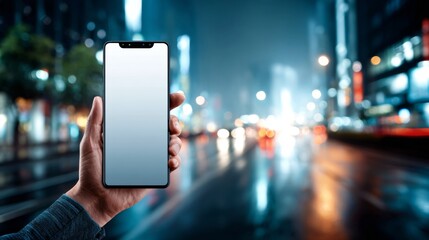 A hand holding a blank smartphone against a vibrant city night scene with blurred lights, ideal for tech, advertising, and urban lifestyle projects.