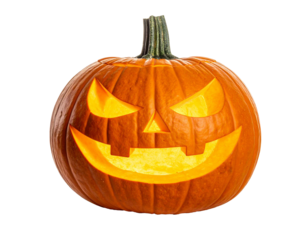Halloween pumpkin glowing with an evil grin on transparent background