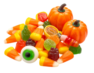 Pile of halloween candy corn and pumpkins on transparent background