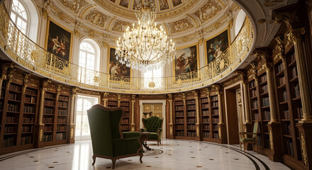Obraz premium An elegant interior view of a classic library with a grand chandelier and ornate furnishings
