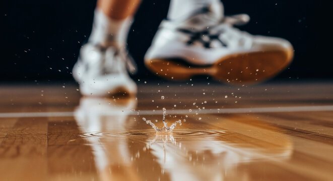 Close-up of a drop of sweat splashing on a polished hardwood basketball court during a game.