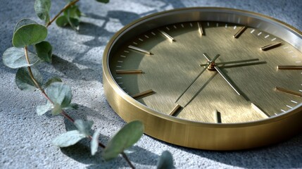 A gold clock with a black face sits on a grey surface