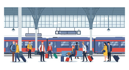 busy train station with people waiting for trains silhouette © nhpvect02