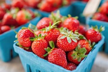 Fresh strawberries overflowing blue punnets at farmers market