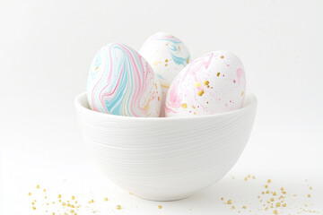 Fototapeta premium An Easter still life featuring three intricately decorated eggs nestled in a pristine white bowl, embodies the fresh promise of spring and renewal.