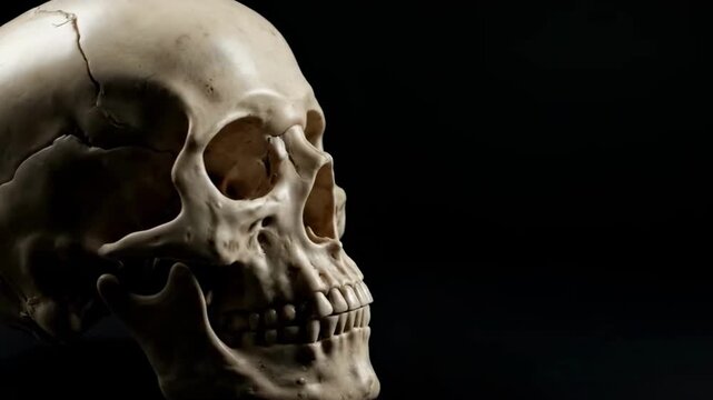 Human skull on black background represents death anatomy science this scary symbol is a dramatic reminder of life this medical object is for study this dark scene shows mortality