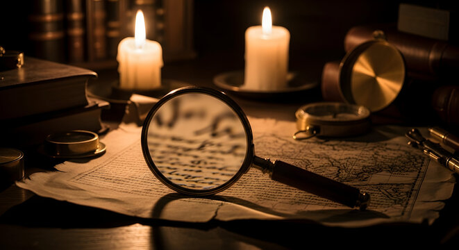 Antique Literary Exploration: Magnifying Glass Details and Candlelit Setting