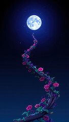Obraz premium Enchanted moonlit path with blooming roses in a dark night sky