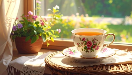Fototapeta premium A delicate porcelain teacup, adorned with floral patterns, sits on a windowsill, bathed in warm sunlight, creating a peaceful and inviting ambiance.