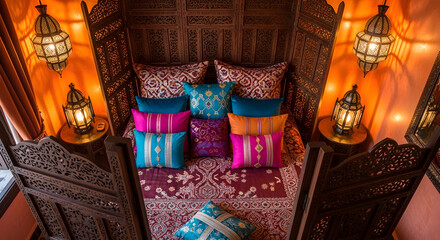 Arabian Inspired Bedroom Decor Emphasizing Intricate Carvings, Lighting, And Cushions