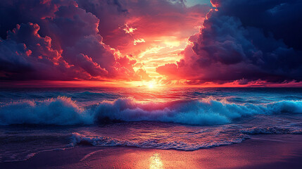 Radiant sunset over ocean waves with dramatic clouds, casting golden-orange light across the horizon, evoking calm, beauty, and natural wonder at dusk.