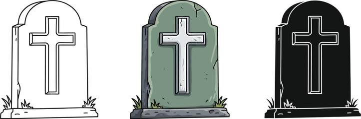 Three tombstones in different styles outline, colorful, and silhouette for halloween designs