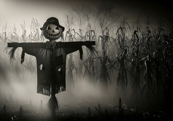 Spooky halloween scarecrow with pumpkin head in cornfield at night
