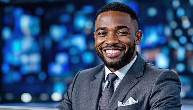Smiling African American news anchor in suit, close-up in studio