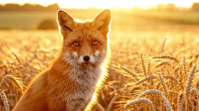 Red fox sits in golden wheat field at beautiful sunset this wild animal is a beautiful mammal this warm nature scene shows wildlife this beautiful fox is very cute wildlife animal
