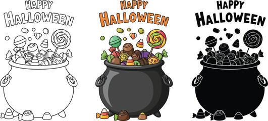 Happy halloween cauldron with candy, in outline, colorful and silhouette versions for your design