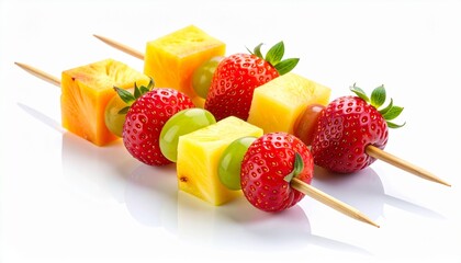 Two fresh fruit skewers with strawberries, pineapple cubes, and grapes isolated on a white background.