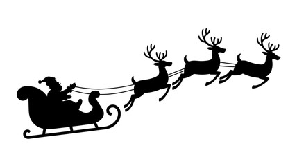 Santa Claus in Sleigh with Reindeer Silhouette on White Background Holiday Christmas Season Graphic