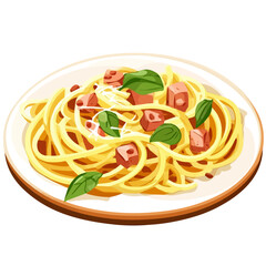 Spaghetti Carbonara, cartoon vector illustration, flat 2D isometric style, white background.