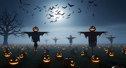 Halloween scene with pumpkin scarecrows, jack-o'-lanterns, bats, and full moon