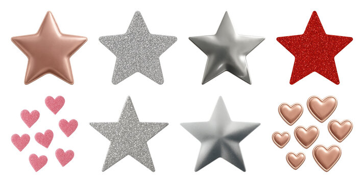 PNG Shiny metallic stars hearts, element set on transparent background