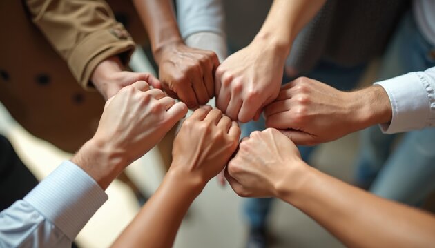 Business team spirit captured from above with multiple fists performing high five gesture. Image embodies unity, collaboration, shared success among motivated, supportive group. Represents - Powered by Adobe