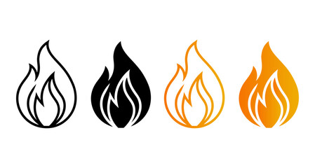Four stylized flame icons in black white orange and gradient isolated on transparent background
