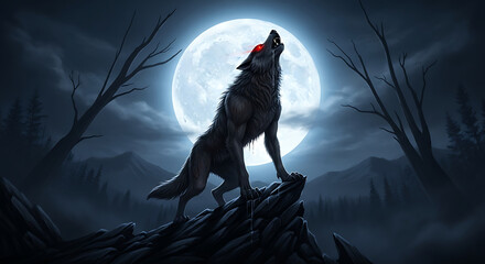 Wolf howling at the moon with red eyes in a dark landscape