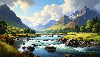 A serene mountain valley, with a rushing river winding through lush greenery and towering peaks under a vibrant sky, displays a tranquil and picturesque landscape.