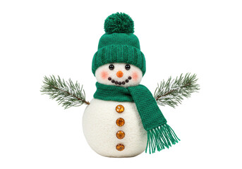 Isolated Snowman figurine with a green hat and scarf ready for Christmas Holiday season