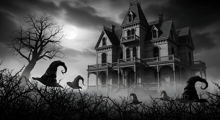 Black and white image of a spooky mansion with witch hats and bare tree