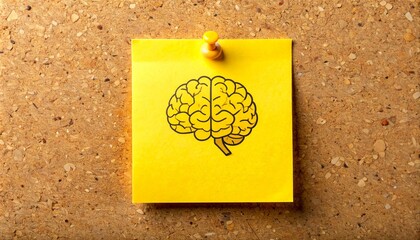 Yellow sticky note with brain illustration, pinned on a cork board, Reminding one to think logically, take notes, and stay organized