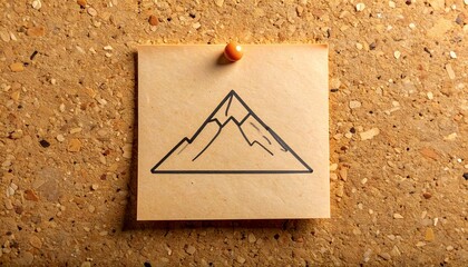 Mountain Doodle on Corkboard: A Note with a Hand-Drawn Mountain Pinned Up, Mountain Sketch on Corkboard: A Simple Drawing Secured with a Pushpin