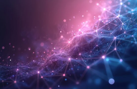 Abstract polygonal background with glowing network connections in purple, blue hues. Geometric shapes form intricate patterns with digital particles, suggesting futuristic technology, data analysis, - Powered by Adobe