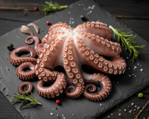 Raw Octopus and Tentacles on Slate with Rosemary and Garlic