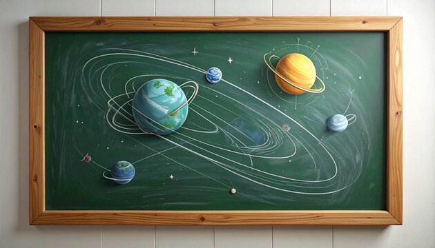 Educational chalkboard illustration of the solar system, planets and cosmos, Artistic chalk drawing of planets in space against a green background