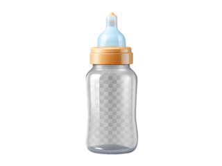 Clear baby bottle with orange cap and blue nipple isolated on a transparent background feeding plastic