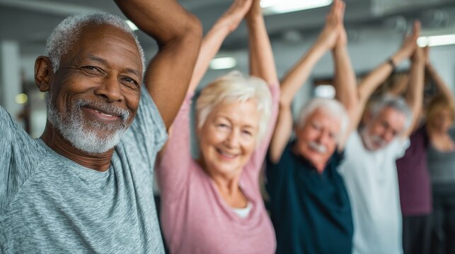 group of seniors doing stretching exercise together at retirement centre elderly men and old women exercising at nursing home during daily fitness retired couples exercising at care facility no logos