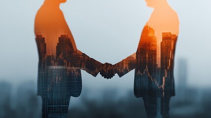 Business partnership handshake with city skyline and financial stock market