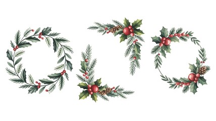 Watercolor Christmas Holly Wreaths and Corner Borders Festive Holiday Season Greetings and Invitations Artwork