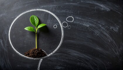 A Small Sprout Imagined for Success in a Chalkboard Circle, Green Plant Life Represented in a Thought Bubble on a Black Surface