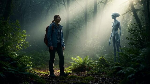 Woman hiker encountering a grey alien in a misty forest with sunlight rays, a mysterious ufo meeting, science fiction concept footage.