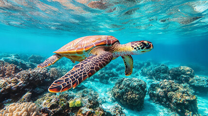 Fototapeta premium A sea turtle glides gracefully through clear turquoise ocean water, surrounded by sunlight reflections and gentle ripples.