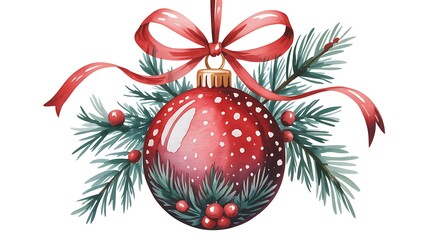 Watercolor Christmas Ornament with Red Ribbon and Evergreen Sprigs Festive Holiday Decoration