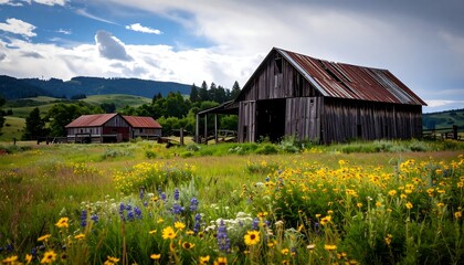 Fototapeta premium Rustic barns and wildflowers in a meadow